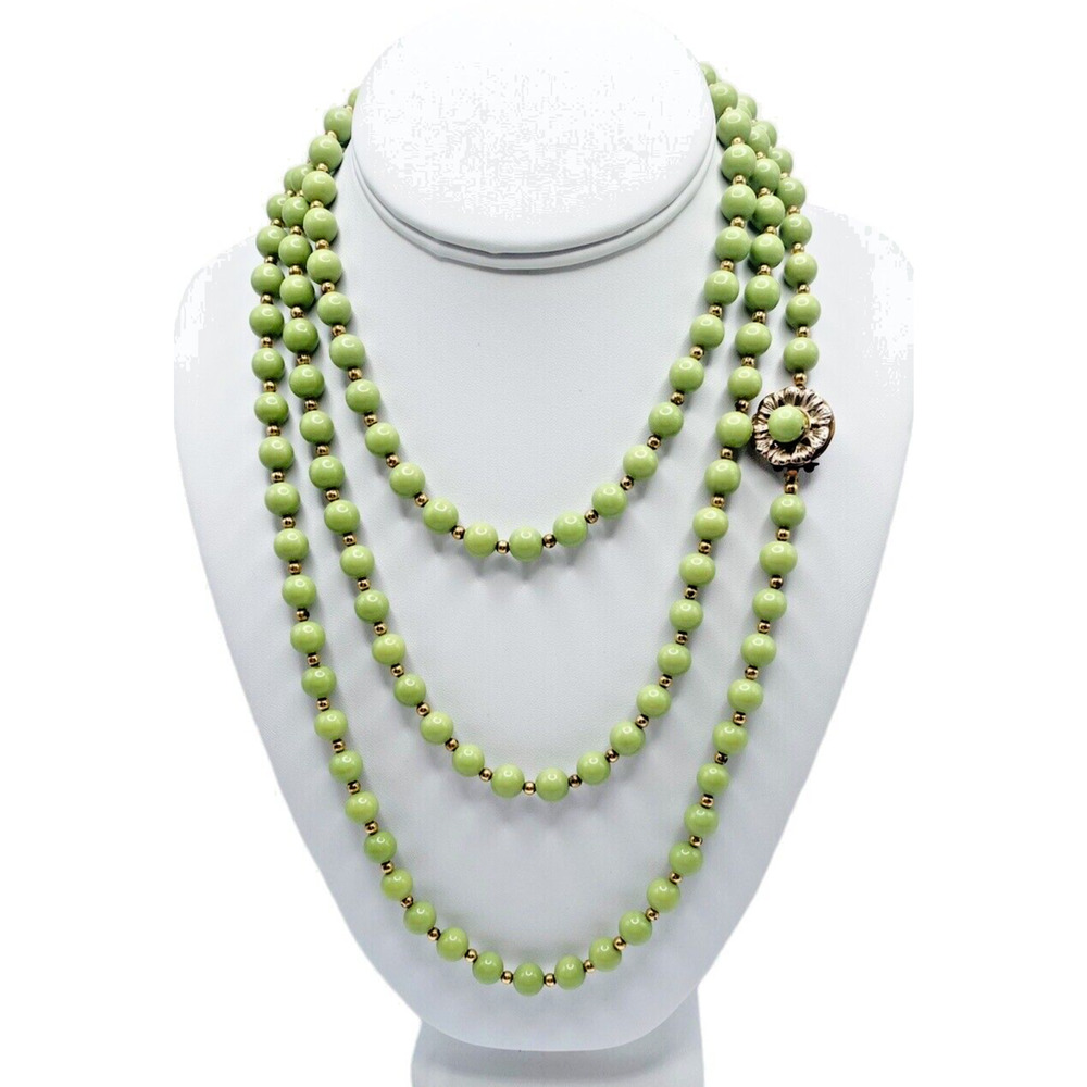 Vintage Gold Tone Green Beaded Long Necklace Flapper Length Box Clasp Retro 57"